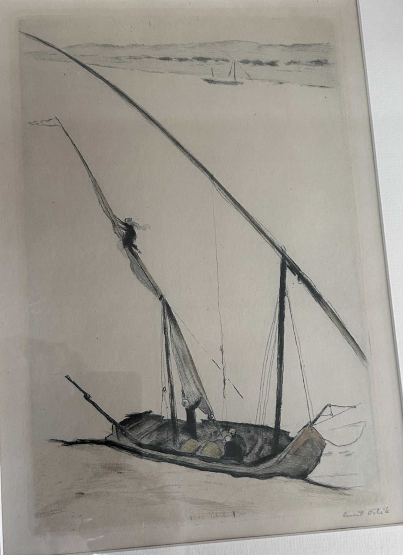 Emil ORLIK (1870-1932)  "Fischerboot am Strand"  orig. Radierung, ger/Glas, - Bild 3 aus 3