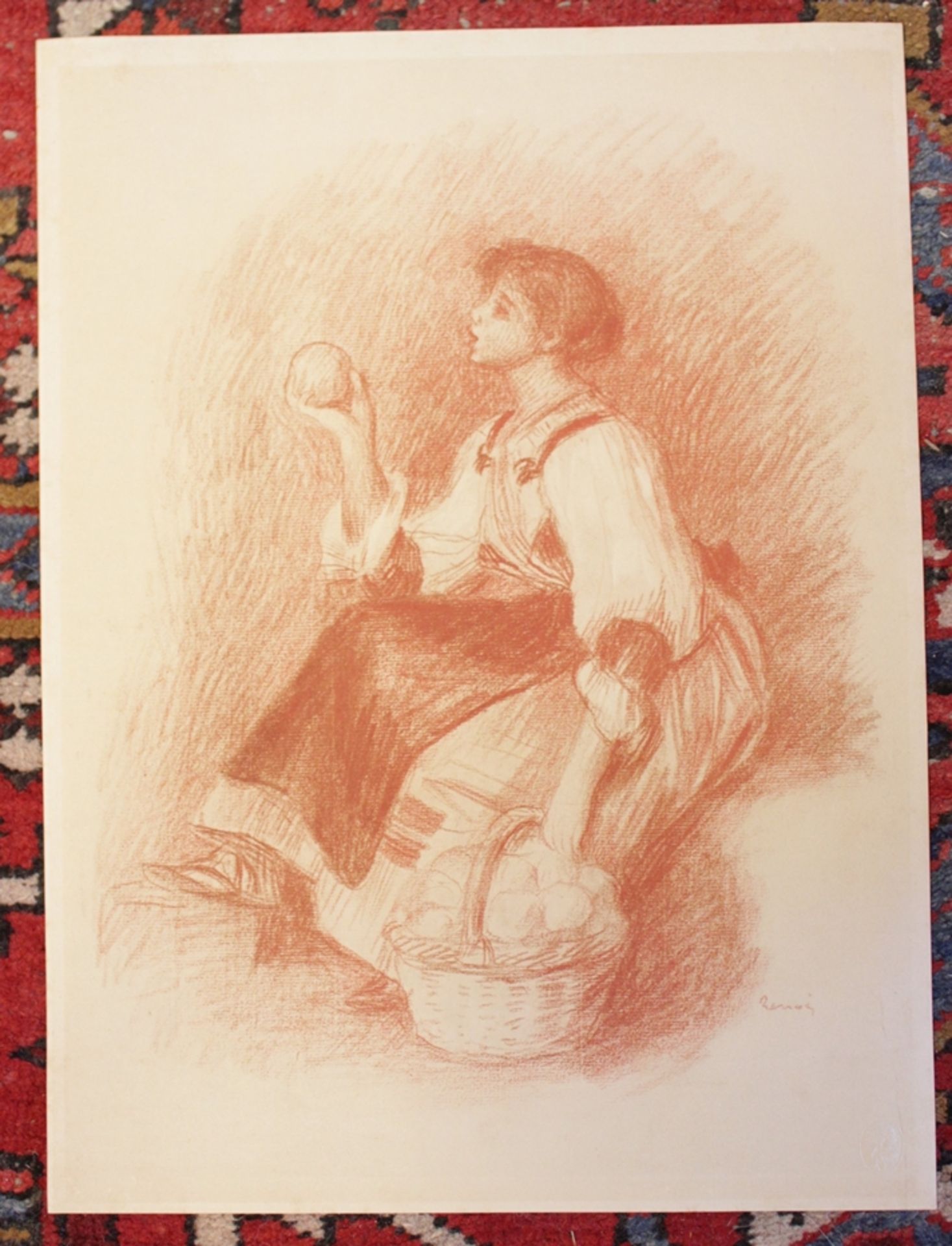 Druck Renoir, Dame mit Apfel, ungerahmt, BG 40 x 30cm. - Bild 2 aus 4
