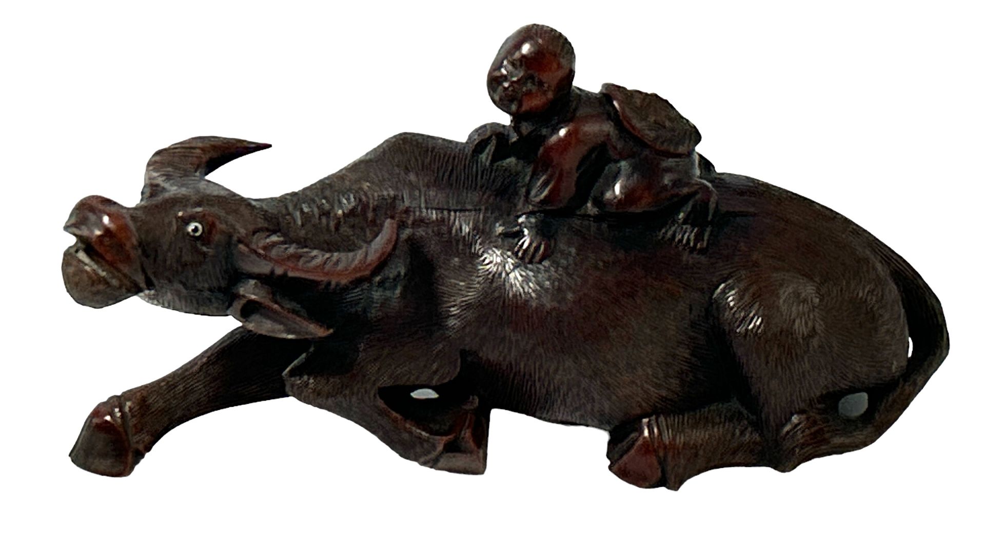 Holzschnitzerei, Wasserbüffel mit Reiter, wohl Vietnam?, H-11 cm, L-24 cm - Bild 4 aus 6