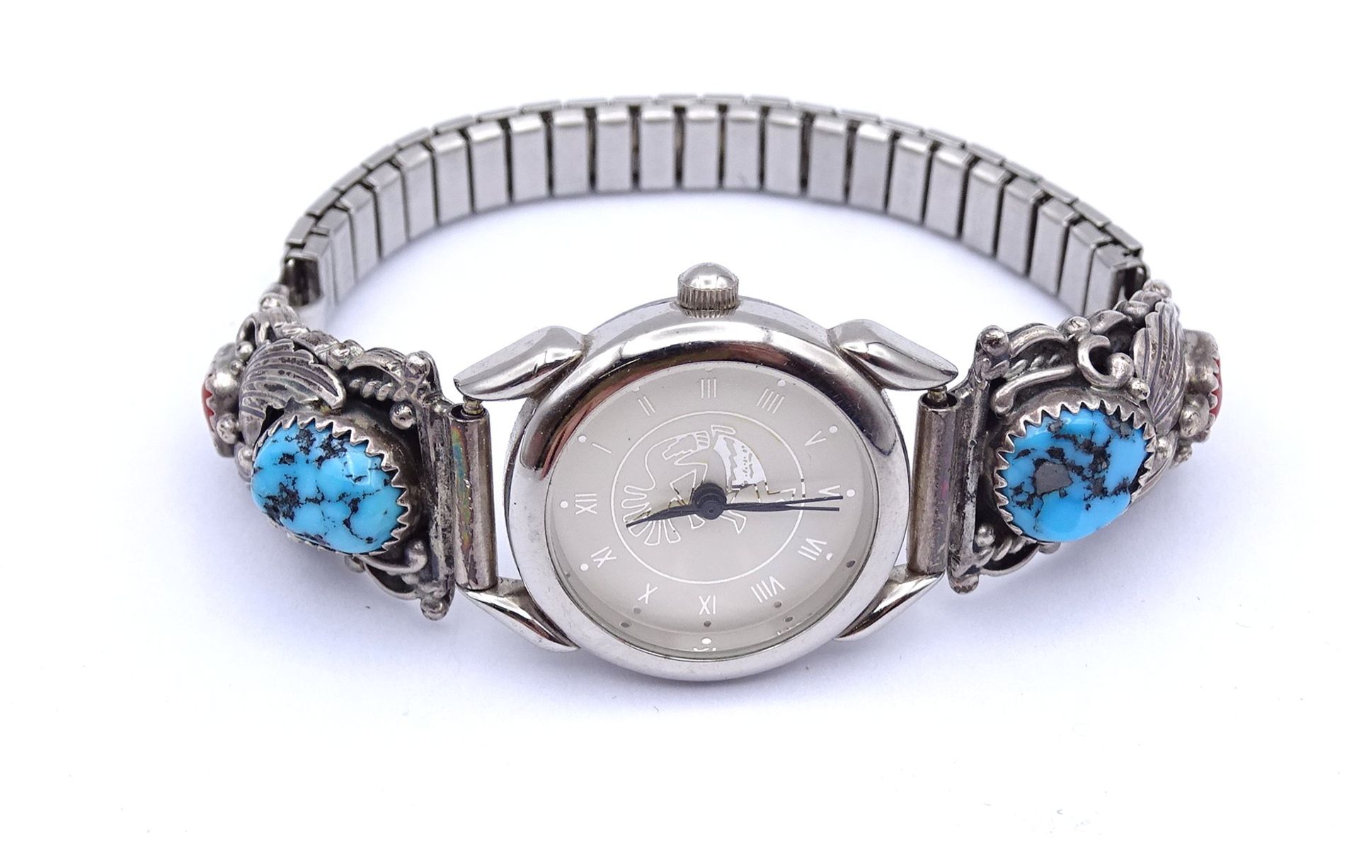 Damen Armbanduhr, Markenlos, Silbermontur mit Koralle und türkisfarbenen Steinen, Quartzwerk, Funkt - Bild 2 aus 4