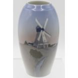Vase, Bing & Gröndahl, Landschaft mit Mühle, Unterglasur, H-18cm.