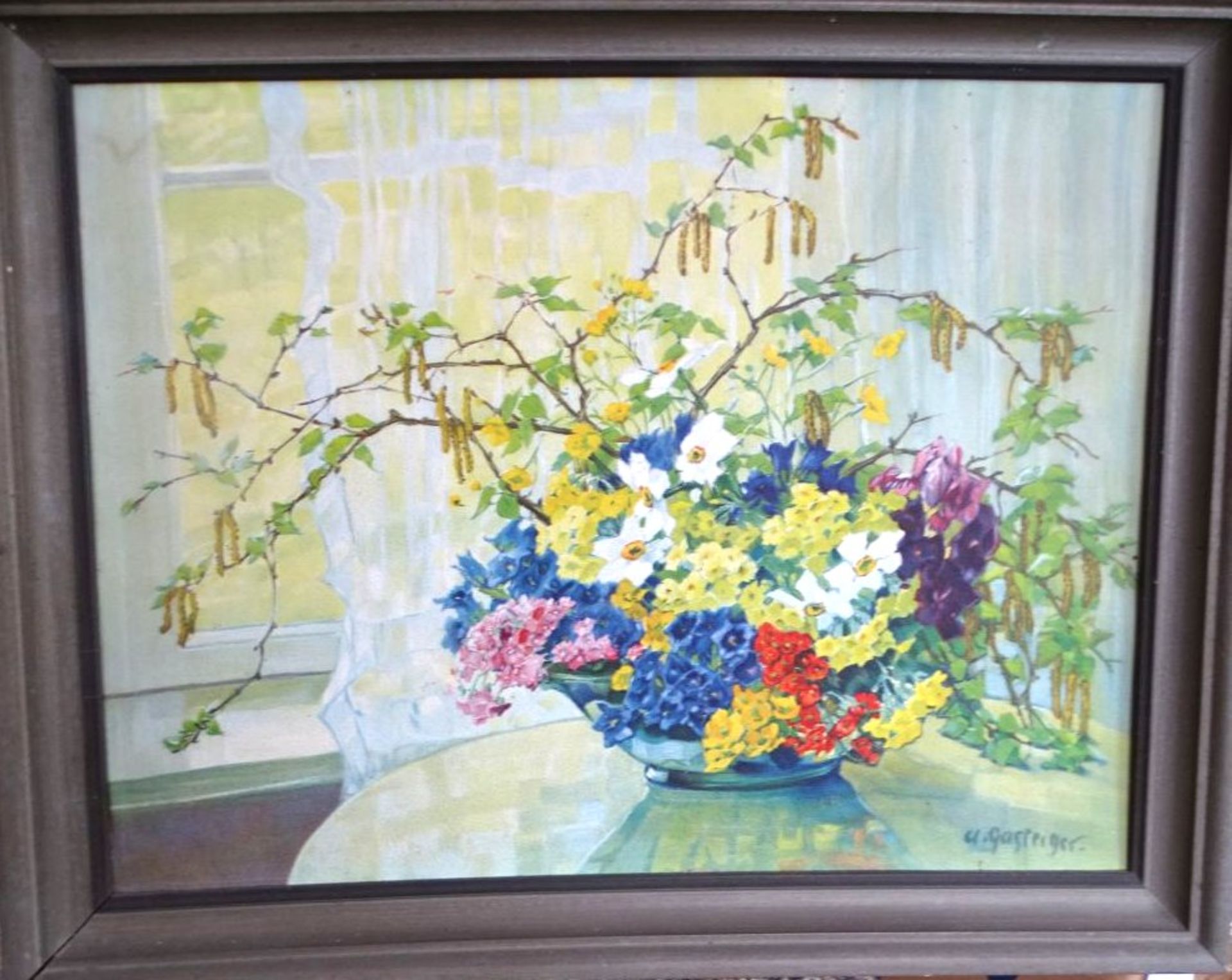 Anna Sophie GASTEIGER (c.1878-1954) "Blumenstilleben", guter Öldruck, alt gerahmt, RG 47x59 cm