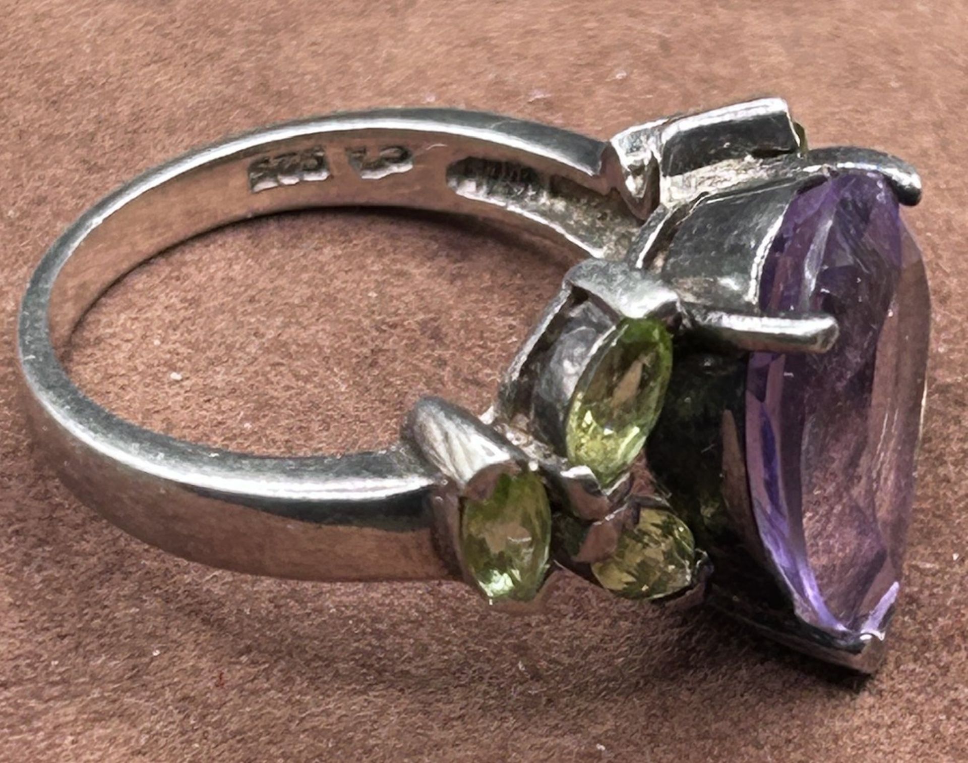 Silberring -925- mit Amethyst und grüne Topase, RG 60, 7 gr. - Bild 3 aus 3