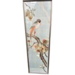 hohes Seidenstickbild, China, Vogel mit Blüten, ger/Glas, RG 86,5x27,5 cm