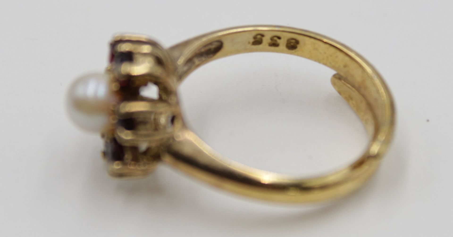 835er Silber-Ring vergoldet, Perle und Granat, 3,7gr., offene Schiene - Bild 3 aus 5