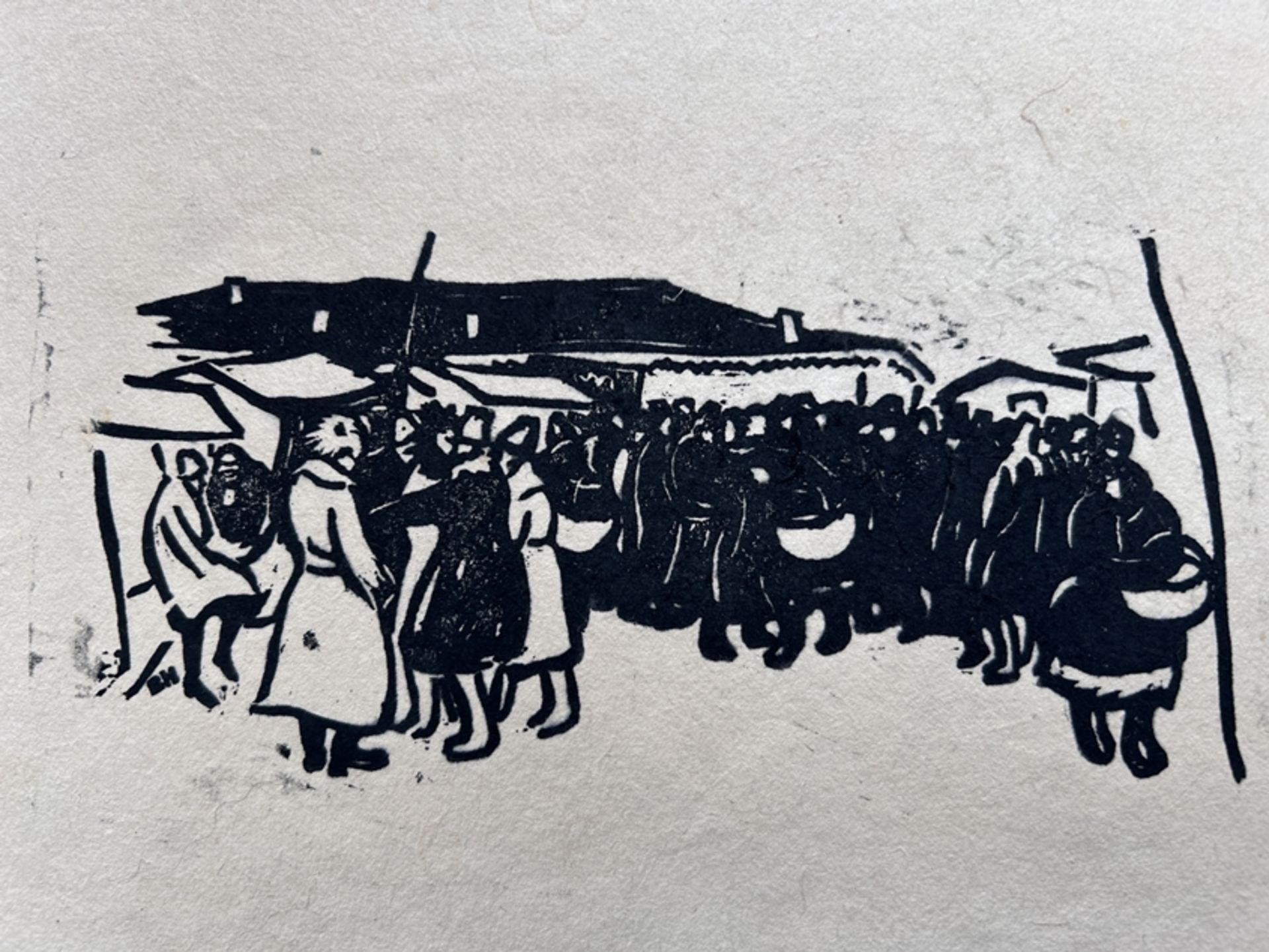 unleserl. signiert, 1918  "russischer Markt" betitelte Tuschezeichnung, Blatt an den Rändern mit Lä