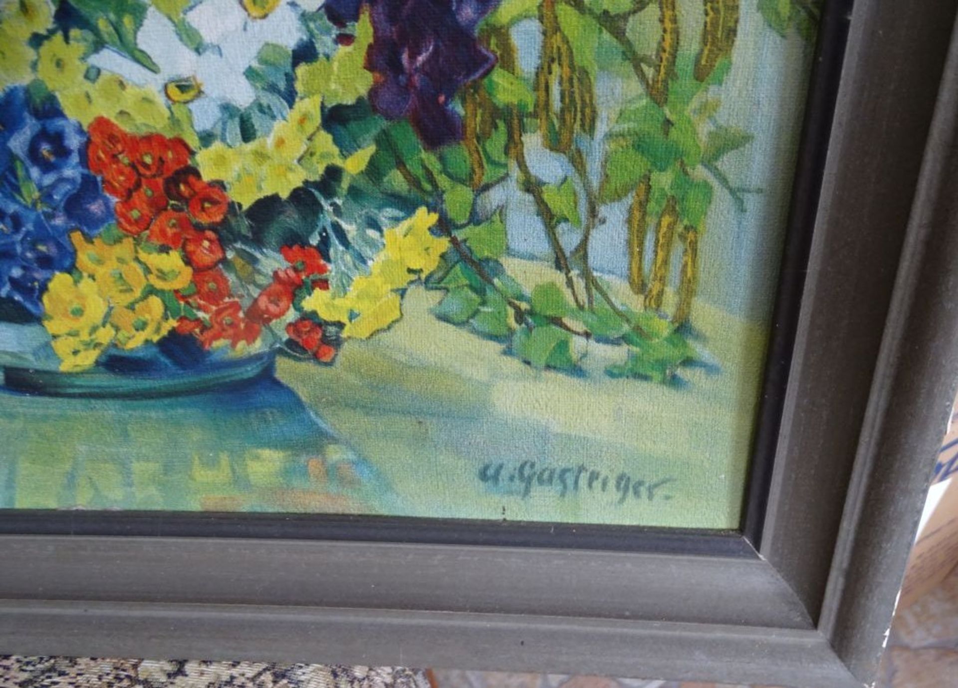 Anna Sophie GASTEIGER (c.1878-1954) "Blumenstilleben", guter Öldruck, alt gerahmt, RG 47x59 cm - Bild 3 aus 3