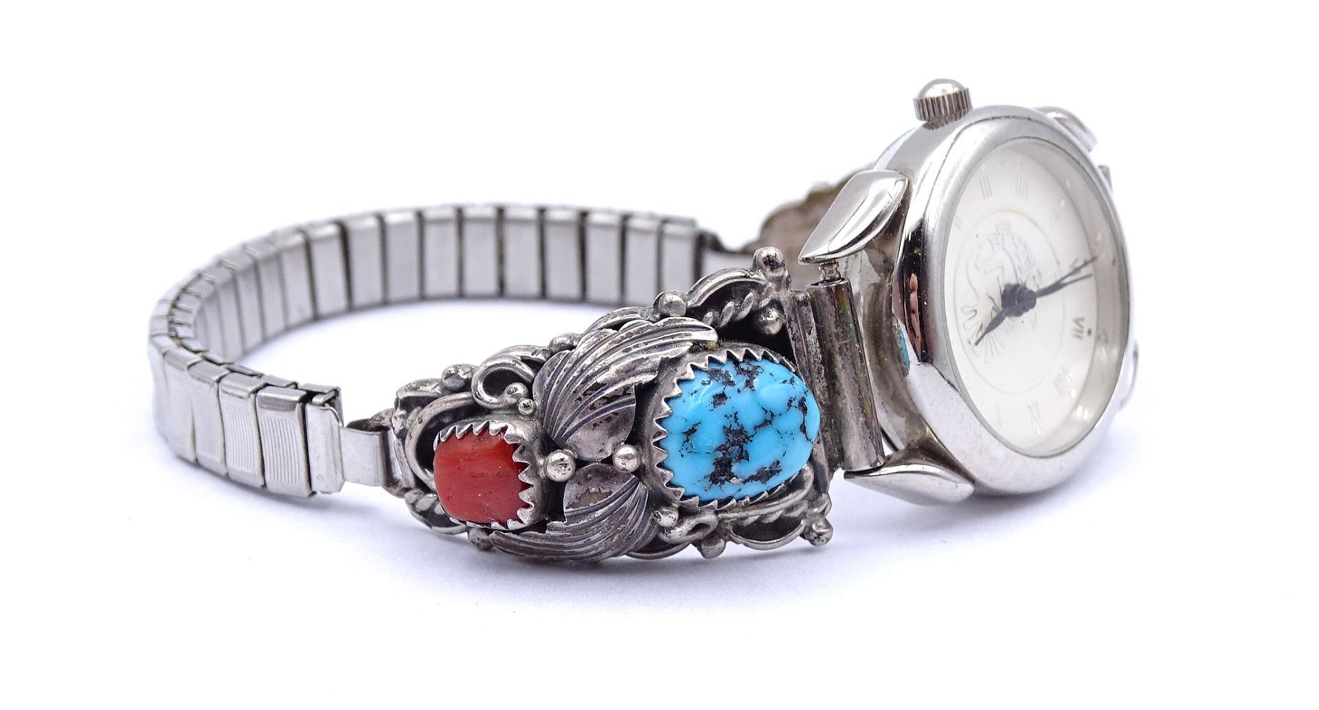 Damen Armbanduhr, Markenlos, Silbermontur mit Koralle und türkisfarbenen Steinen, Quartzwerk, Funkt - Bild 3 aus 4