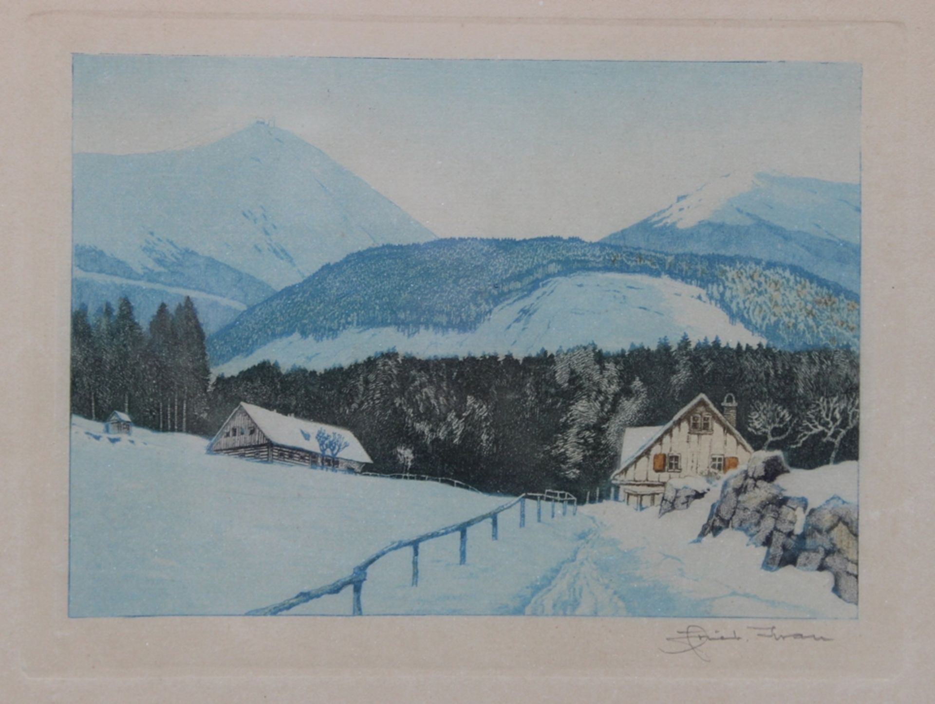 Friedrich IWAN (1889-1967), Winterlandschaft, Aquatinta-Radierung, ger. /Glas, RG 25 x 31cm.