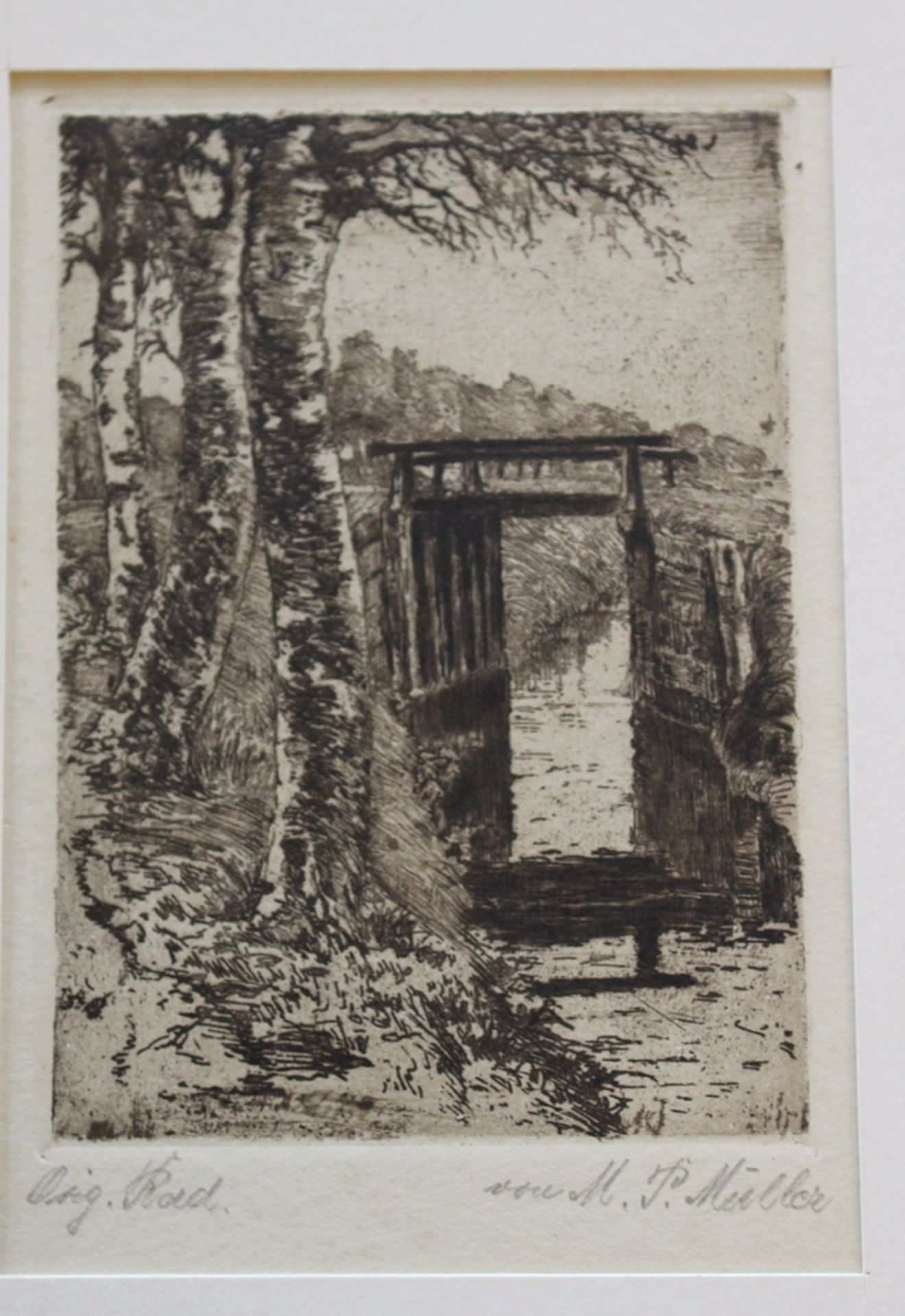 M.P.Müller, Brücke, Radierung, ungerahmt in Passepartout, 25 x 20,5cm. - Bild 2 aus 2