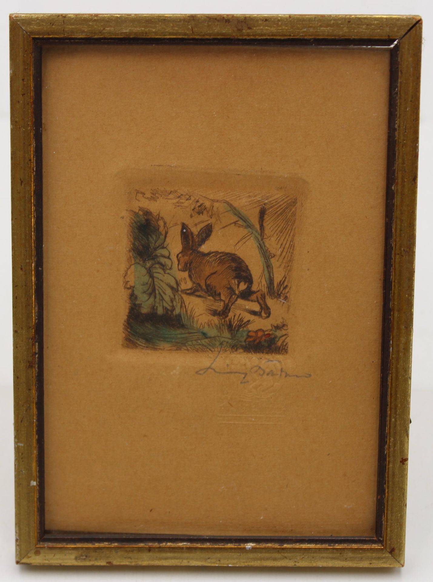 kl. unleserl.signierte Farbradierung, Hase, älter, ger./Glas. 14 x 10cm. - Image 2 of 3