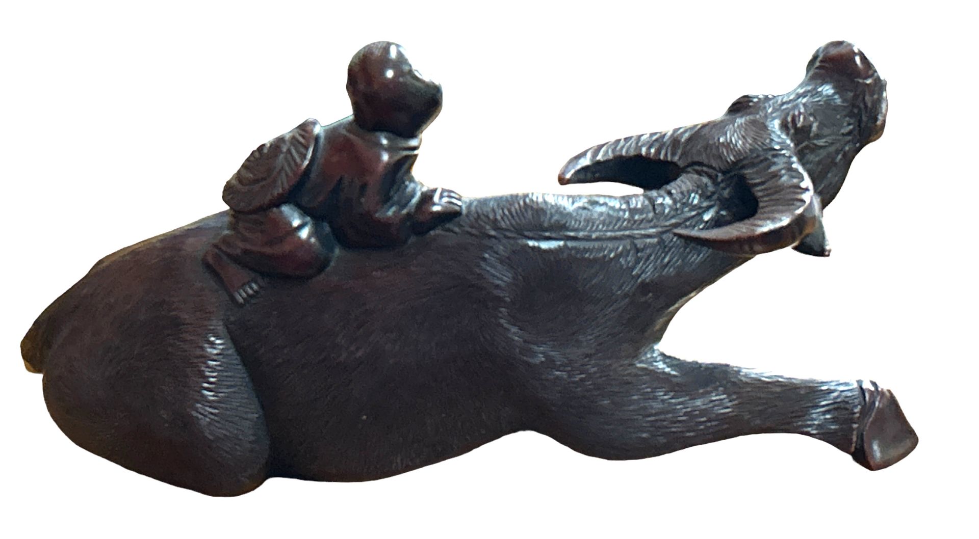 Holzschnitzerei, Wasserbüffel mit Reiter, wohl Vietnam?, H-11 cm, L-24 cm - Bild 3 aus 6