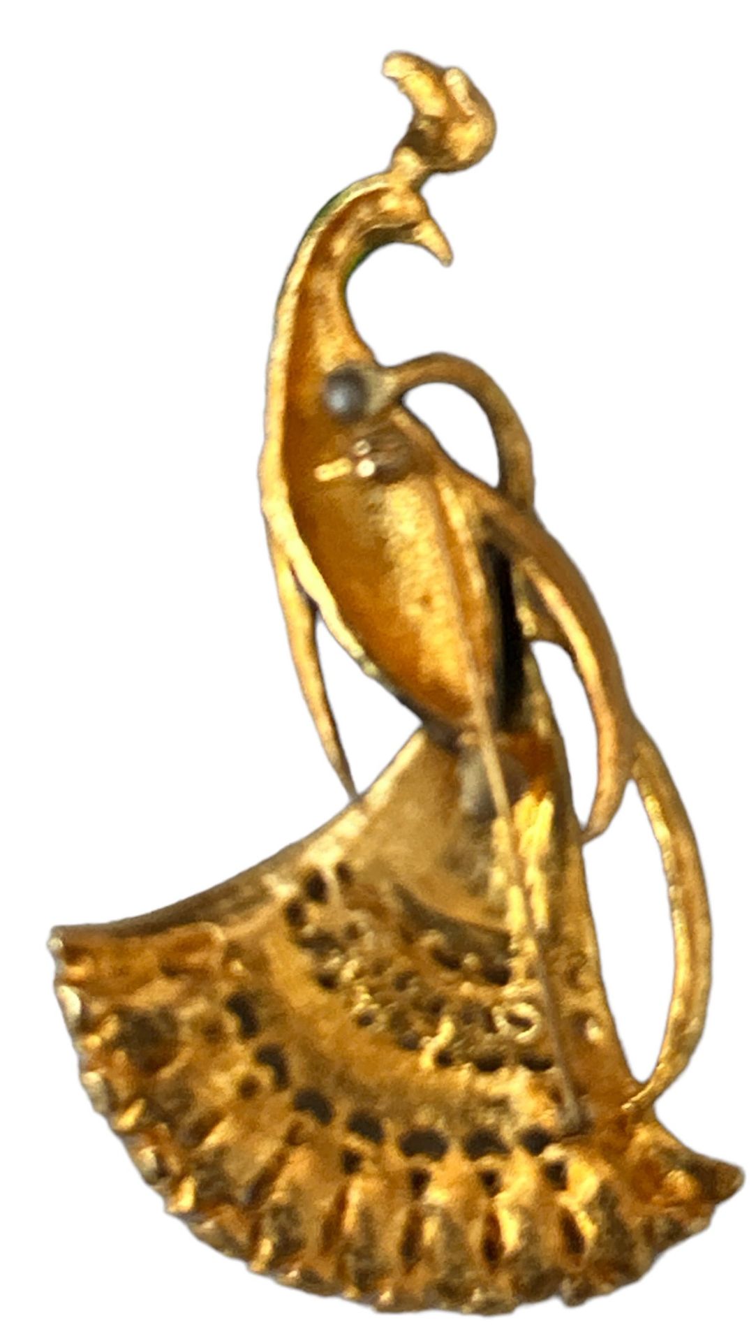 gr. Modeschmuck-Brosche, Pfau, emailliert und vergoldet, mit Farbsteinen, H-8,5 cm, B-ca. 5 cm - Bild 2 aus 4