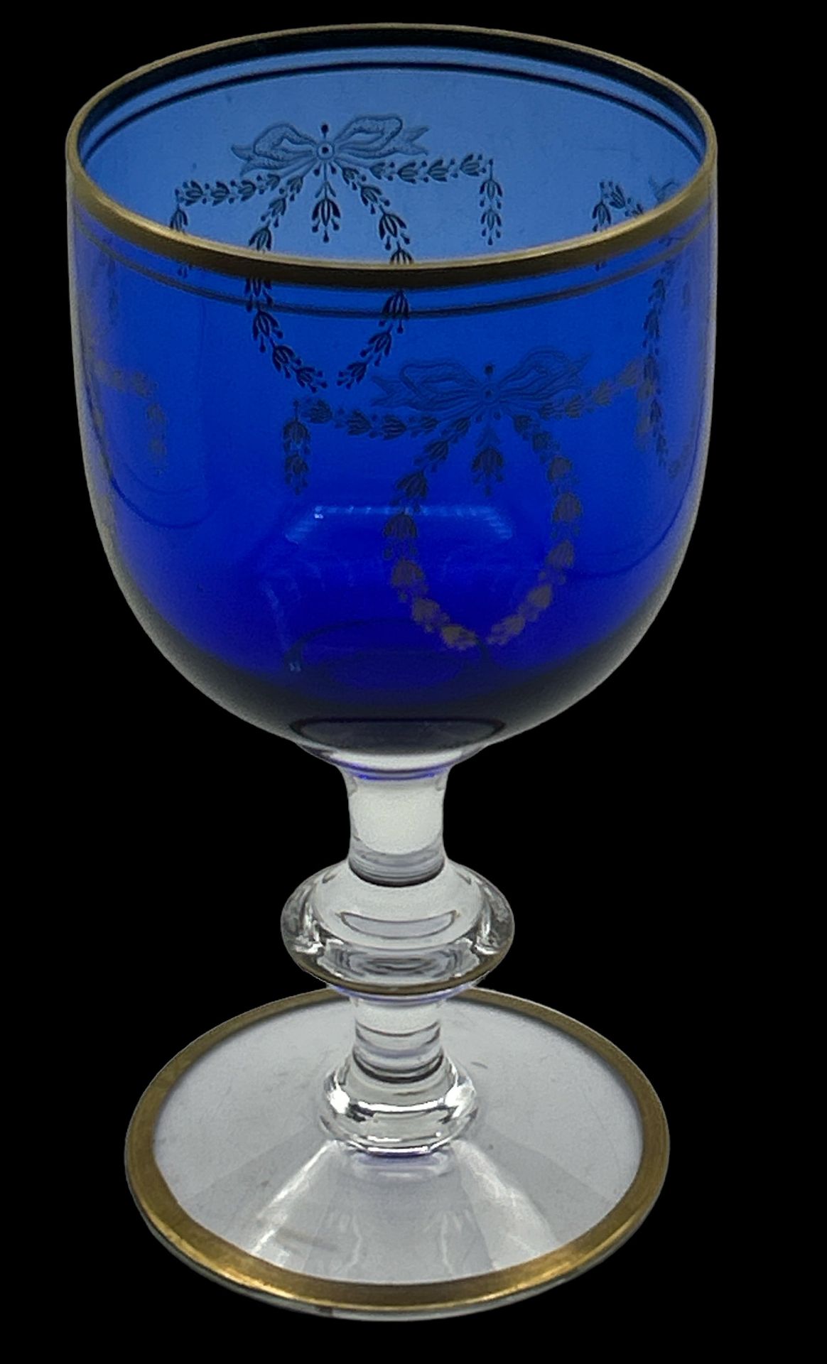 blaues Pokalglas mit Gold-Girlanden, tw. berieben, H-16 cm, D-9 cm - Bild 2 aus 2