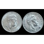 2x 3 Mark,1908 und 1911, Preussen, Silber