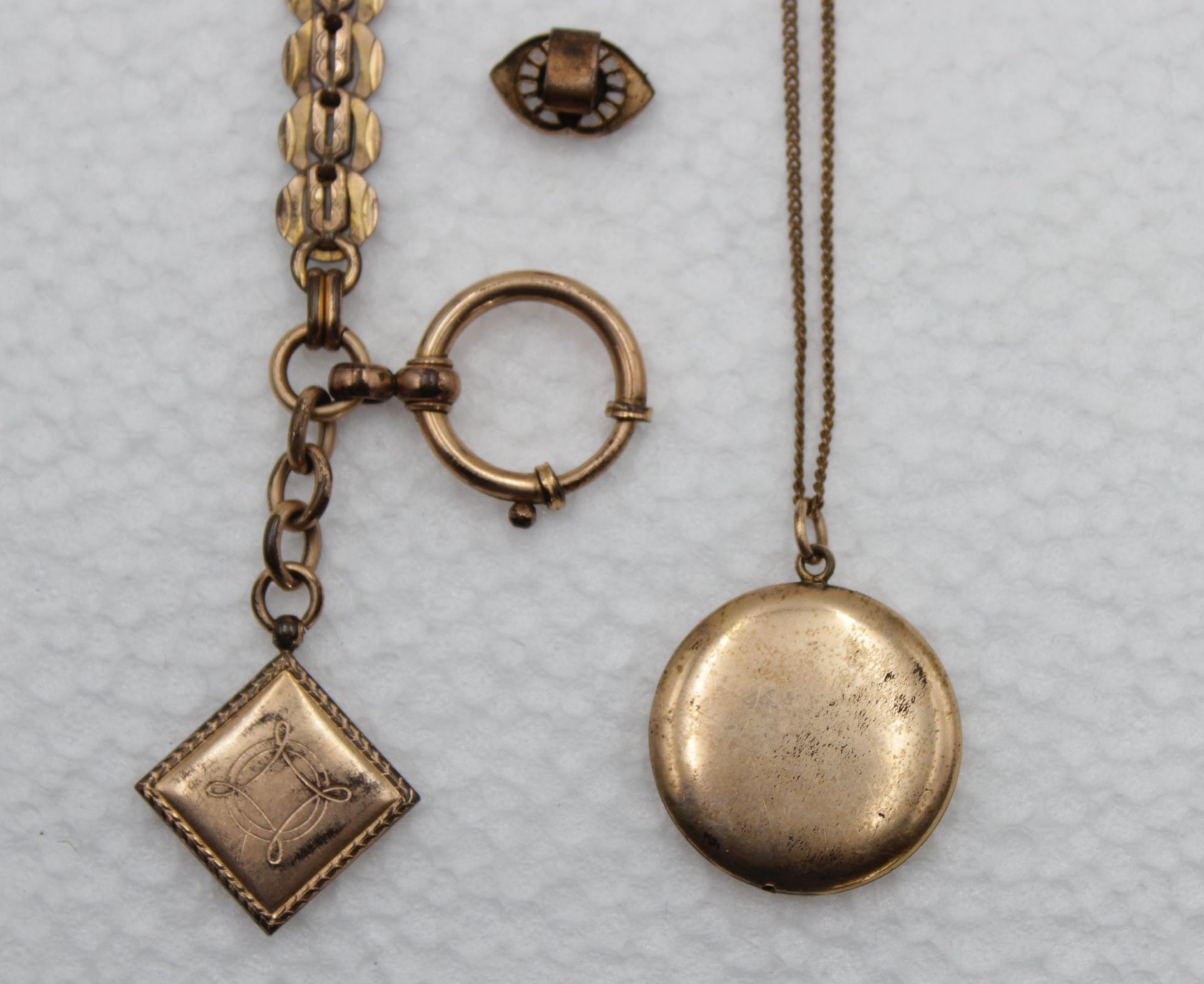 3 Teile Doublé um 1900, Uhrenkette (defekt), Kettenschieber und Anhänger an Kette, Uhrenkette ca. L - Image 4 of 4