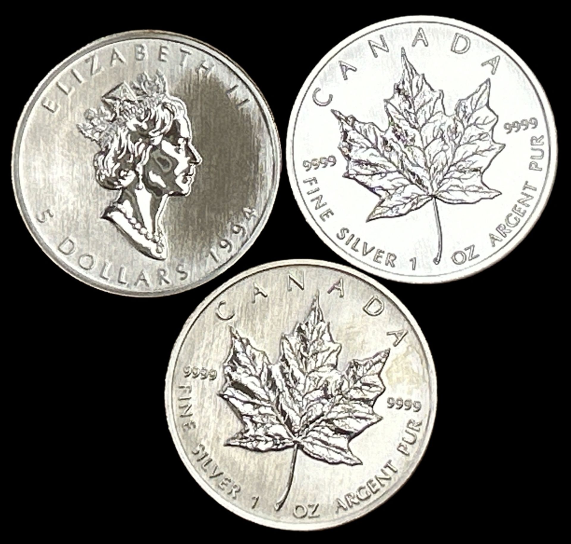 3x 5 Dollar, Cananda , 1992/1993/1994, stempelglanz, Silber-999, 94,3 gr. - Image 2 of 2