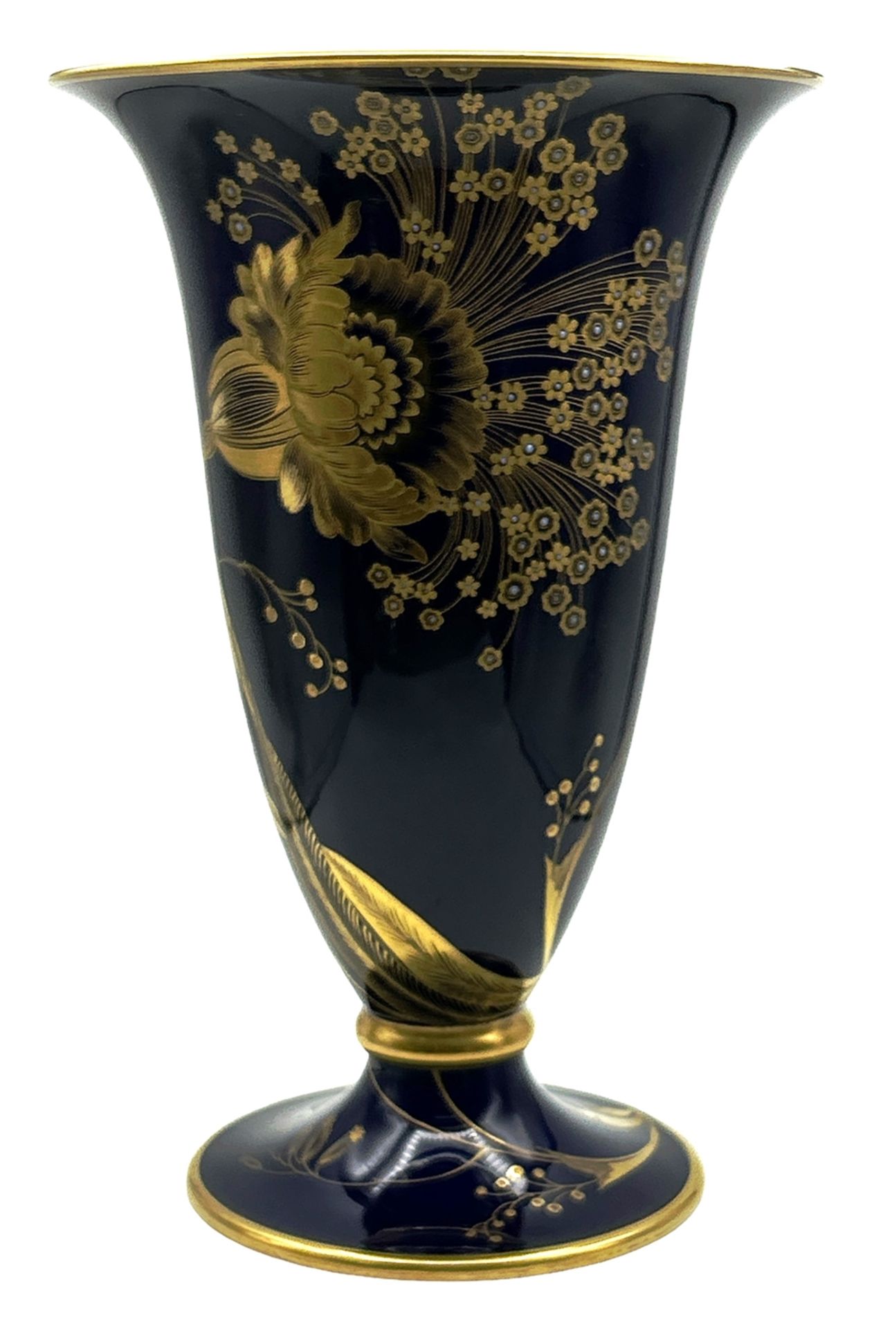 grosse Rosenthal Vase auf Stand, Kobalt mit Goldblumen, H-29,5 cm, D-oben 19 cm - Bild 2 aus 4