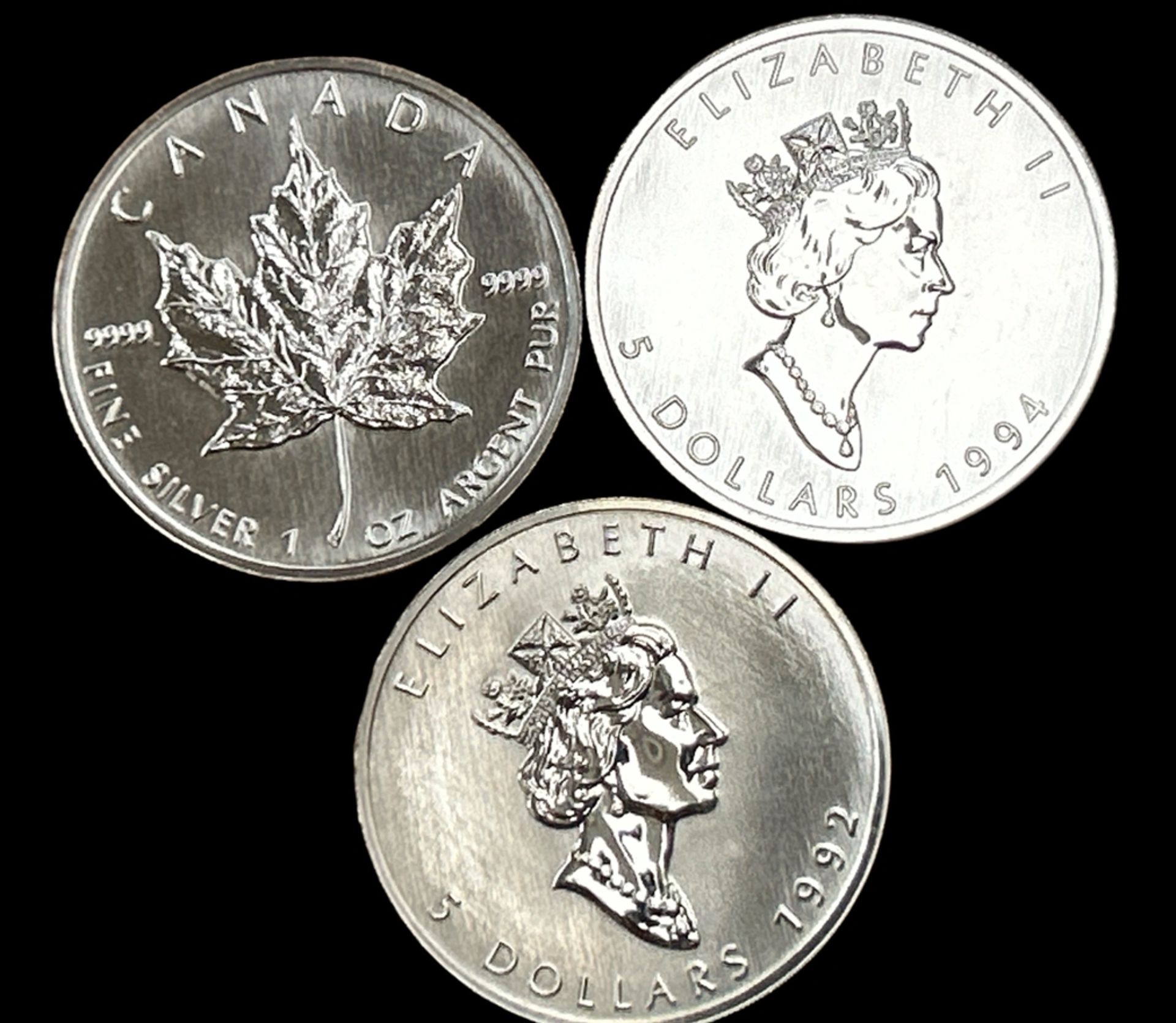 3x 5 Dollar, Cananda , 1992/1993/1994, stempelglanz, Silber-999, 94,3 gr.