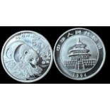 2x 5 Yüan Silbermünzen, China, Panda, 1994, stempelglanz, 31,1 gr.