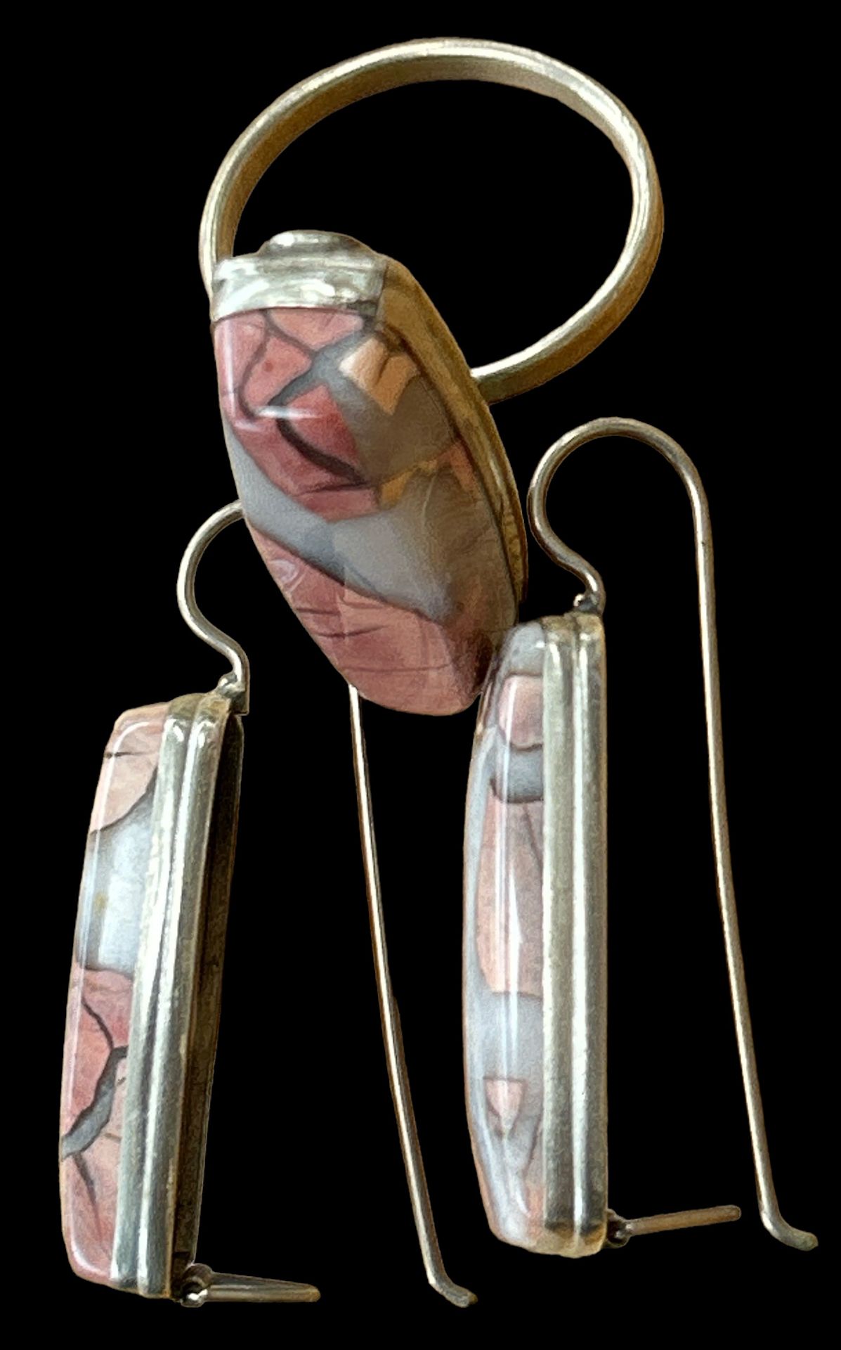 Paar grosse Jaspis Ohrstecker mit passenden Ring, RG 61, versilbert - Bild 3 aus 3