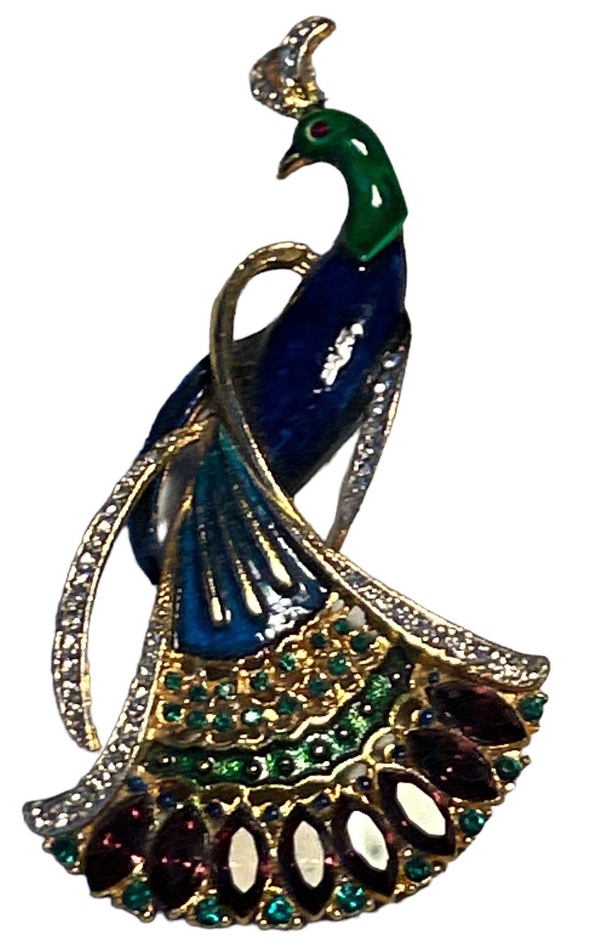 gr. Modeschmuck-Brosche, Pfau, emailliert und vergoldet, mit Farbsteinen, H-8,5 cm, B-ca. 5 cm - Bild 4 aus 4