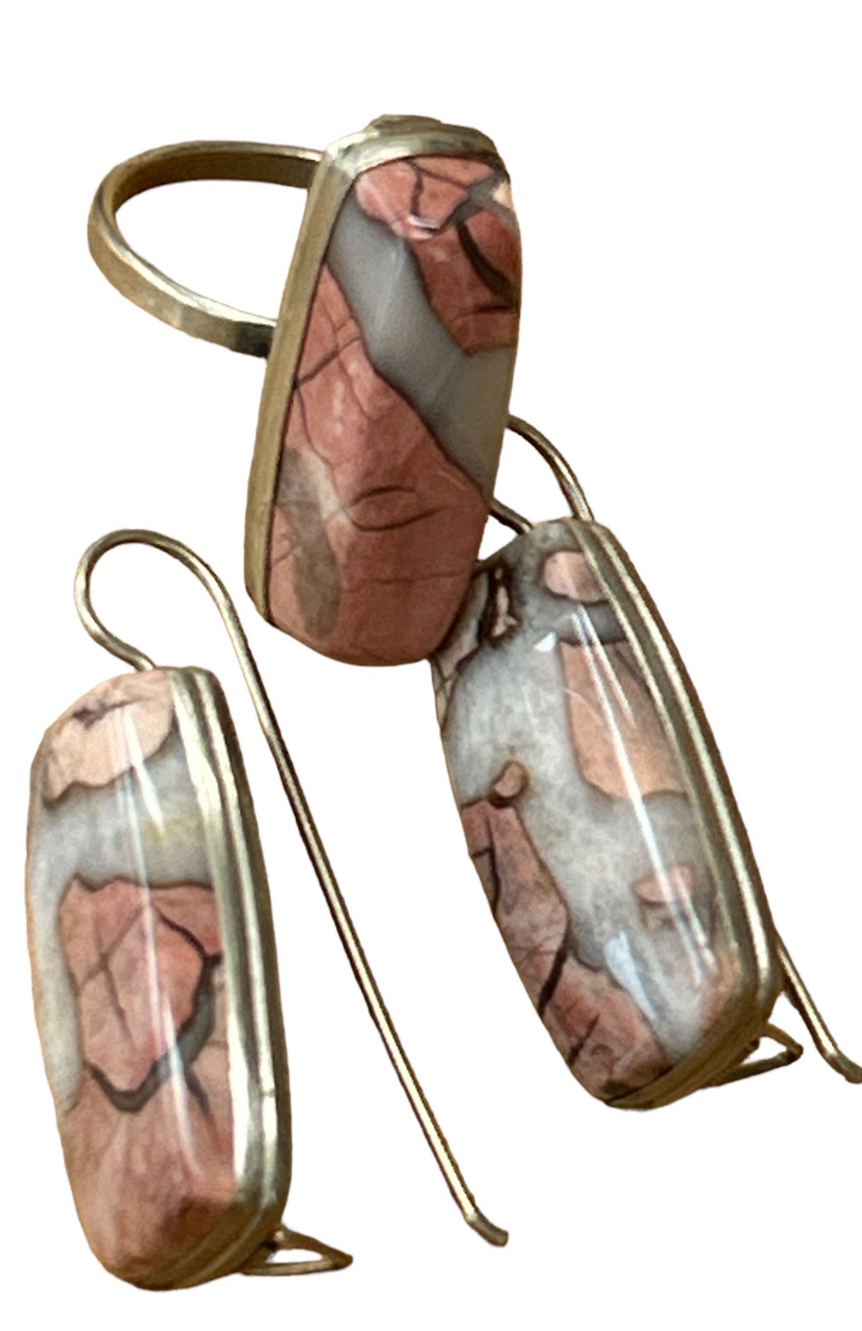 Paar grosse Jaspis Ohrstecker mit passenden Ring, RG 61, versilbert