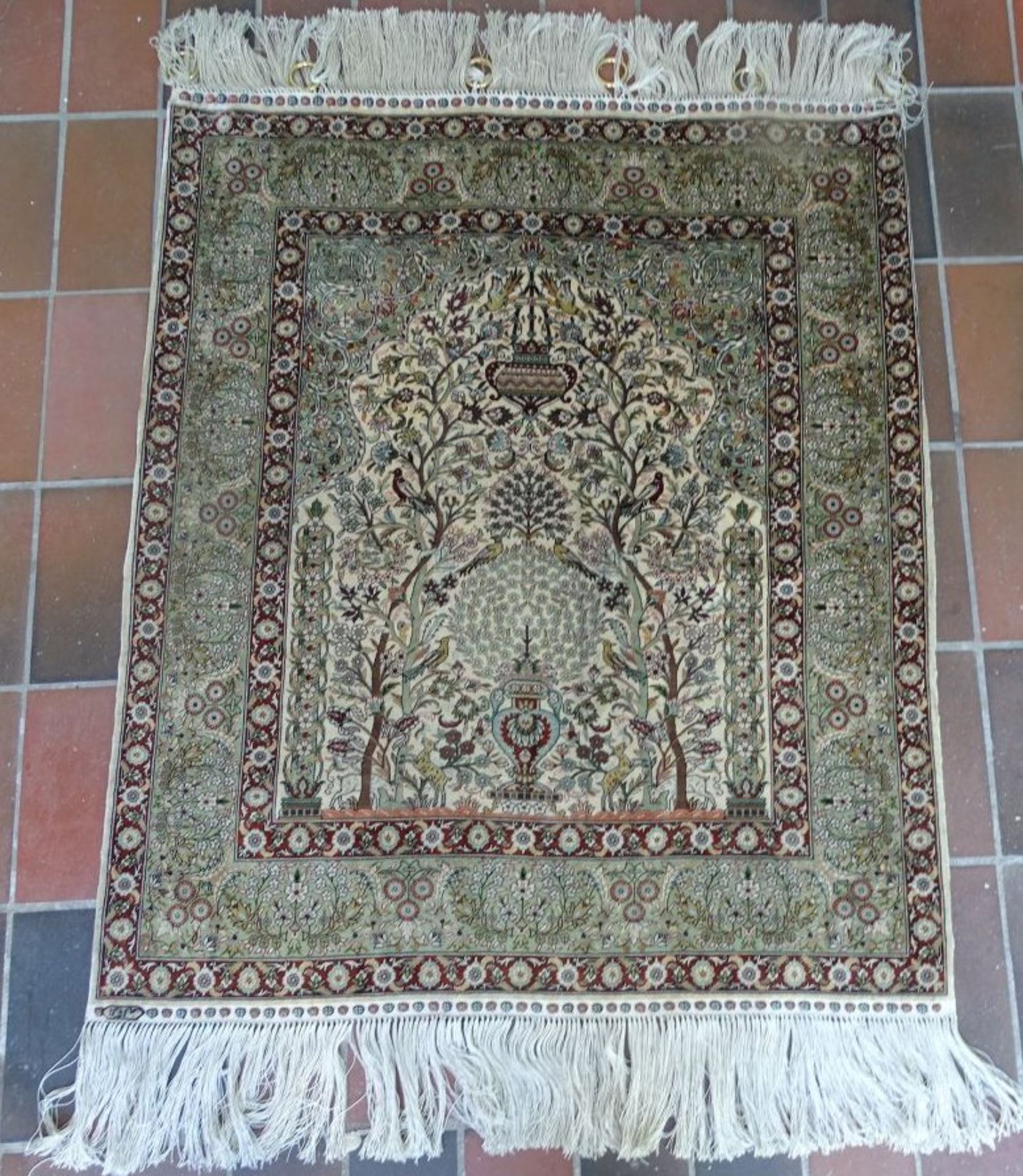 persischer kleiner Seidenteppich, wohl Hereke, 95x75 cm ohne Fransen