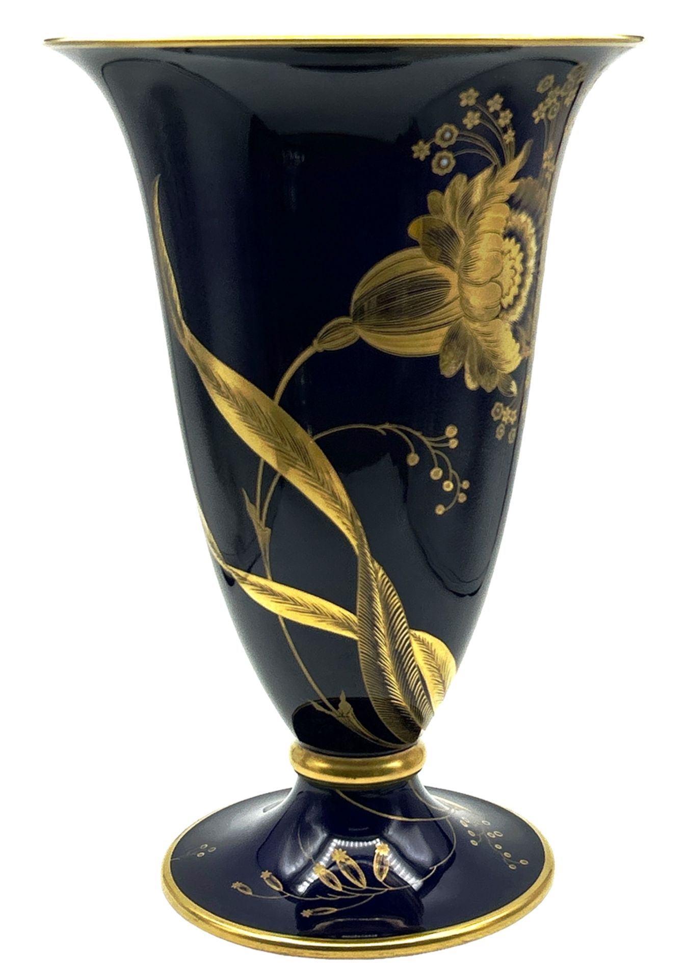 grosse Rosenthal Vase auf Stand, Kobalt mit Goldblumen, H-29,5 cm, D-oben 19 cm