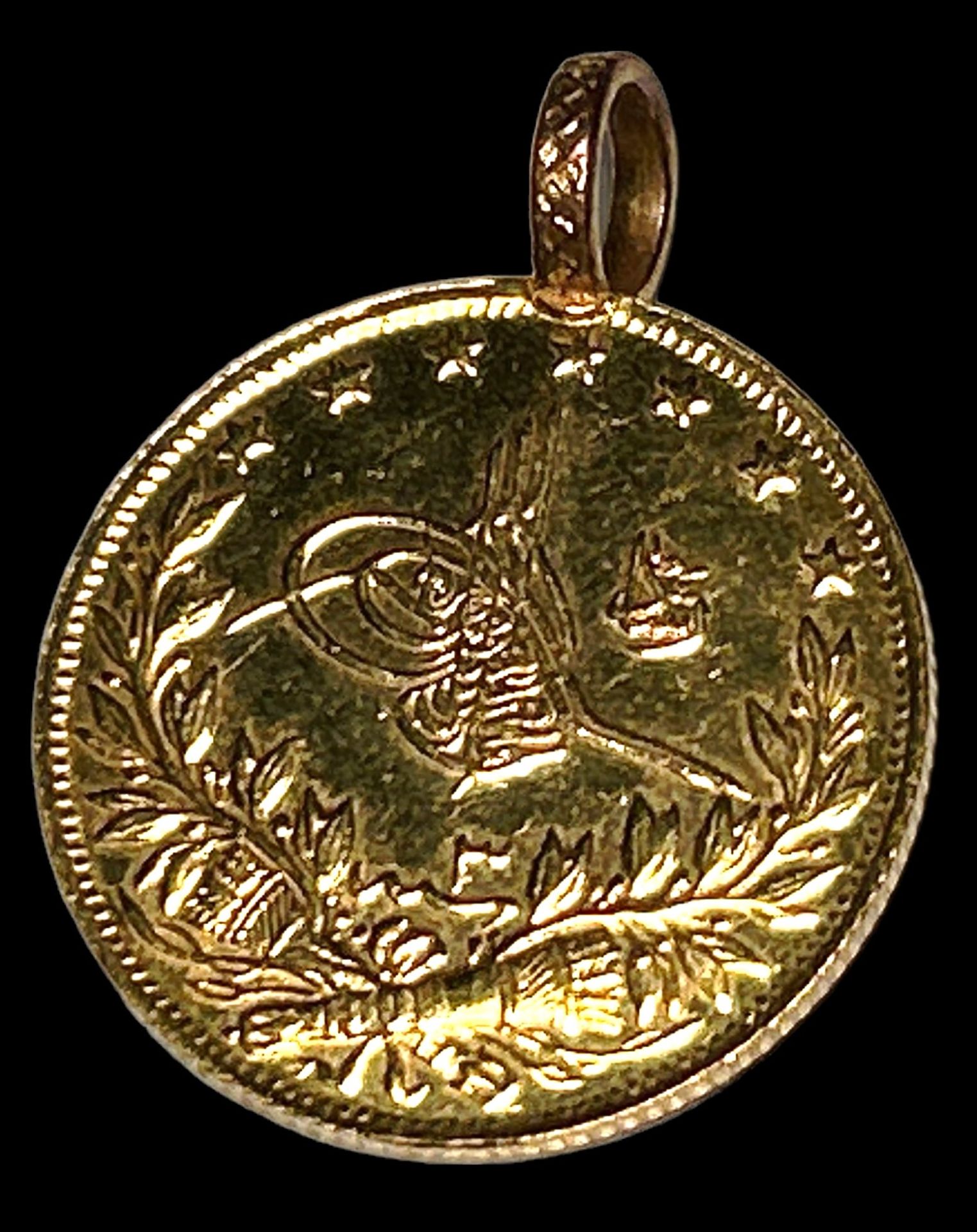 Münzanhänger Gold-916-, 100 Piaster, Türkei, gehenkelt, Öse unechtes Material, zus. 7,4 gr. D-ca. 2 - Image 2 of 5