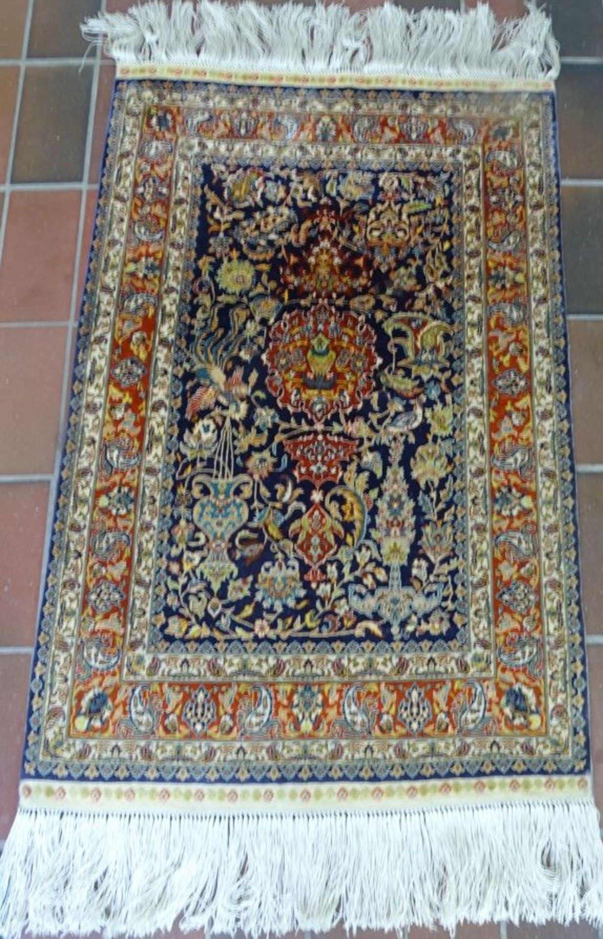 persischer kleiner Seidenteppich, wohl Hereke, 95x60 cm ohne Fransen