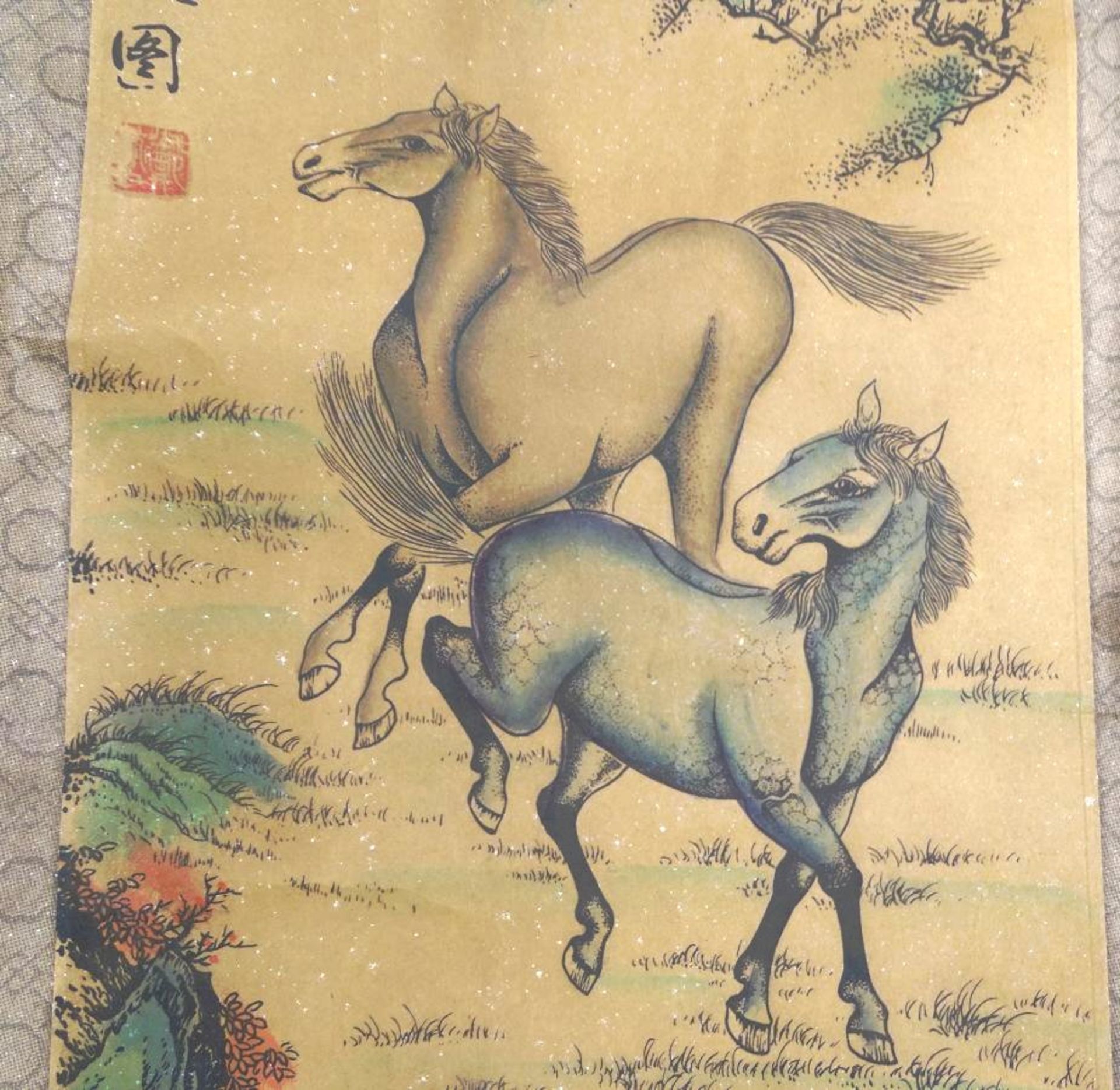 chines. Rollbild, Wildpferde, leichte Altersspuren, 130x37 cm - Image 4 of 5