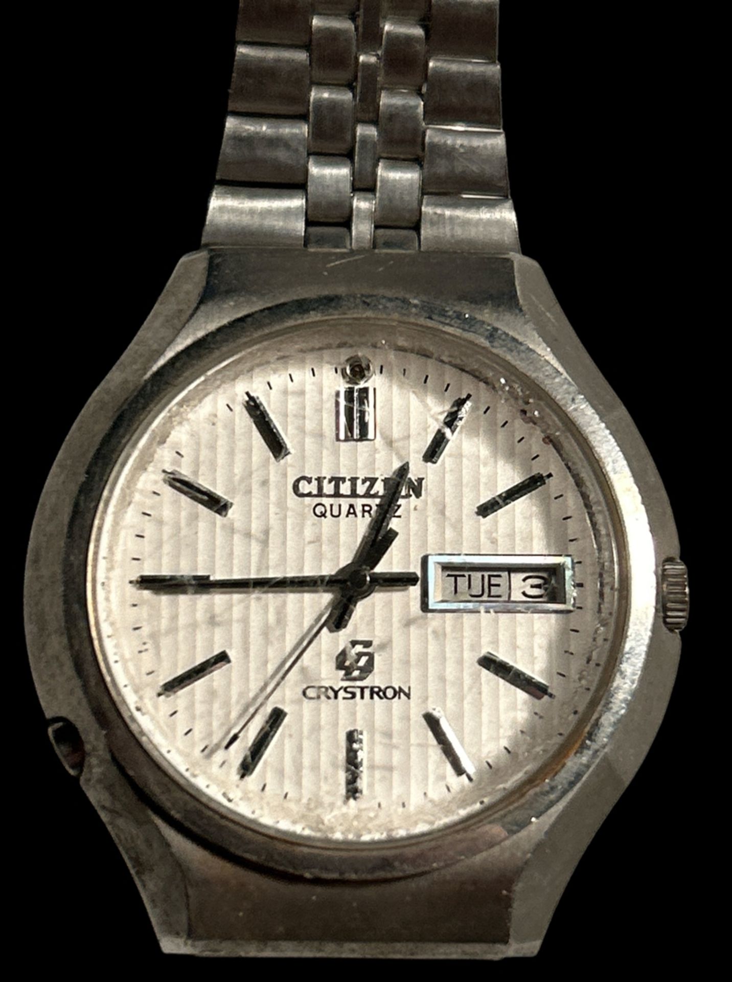HAU "Citizen Crystron" frühe Quartz Armbanduhr, porig. Stahlband, Werk nicht überprüft
