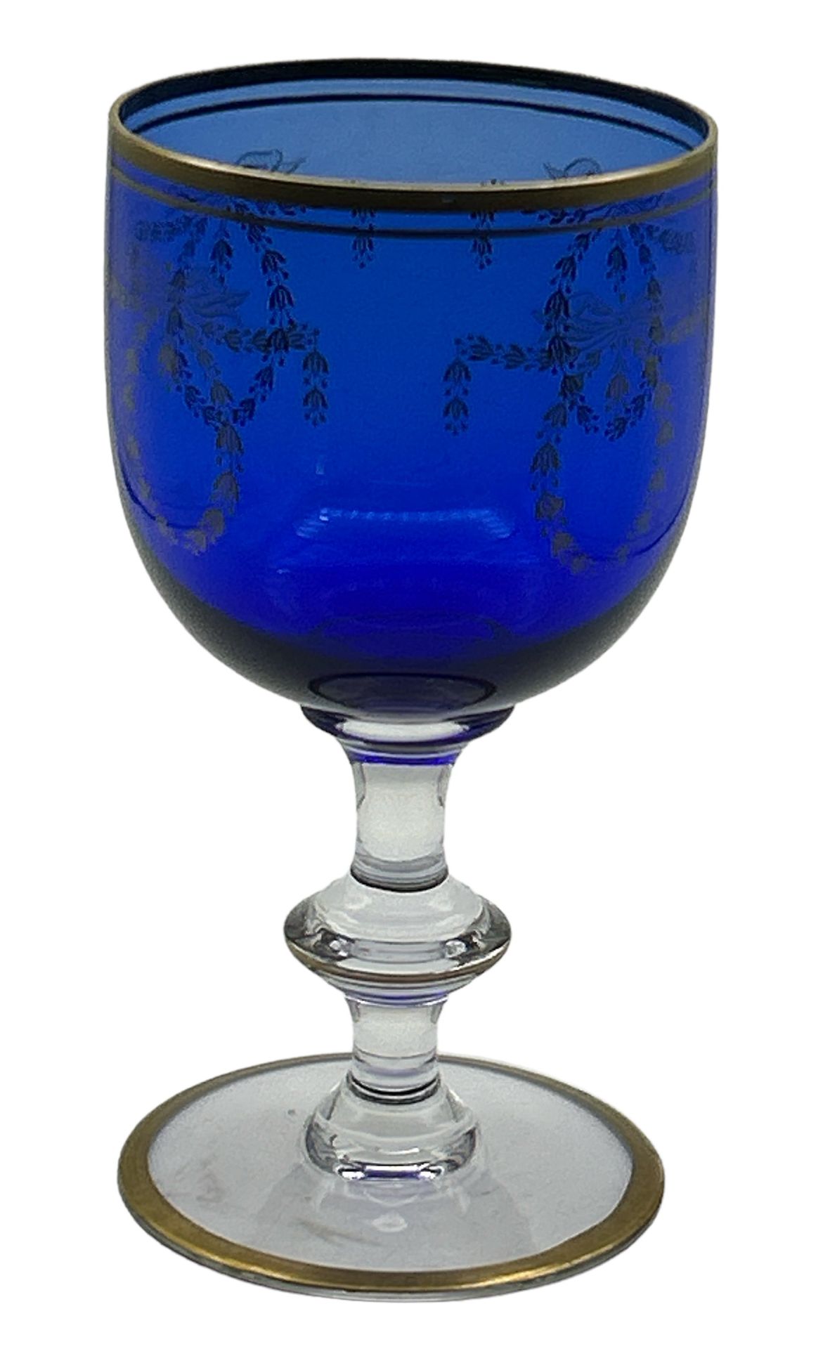 blaues Pokalglas mit Gold-Girlanden, tw. berieben, H-16 cm, D-9 cm