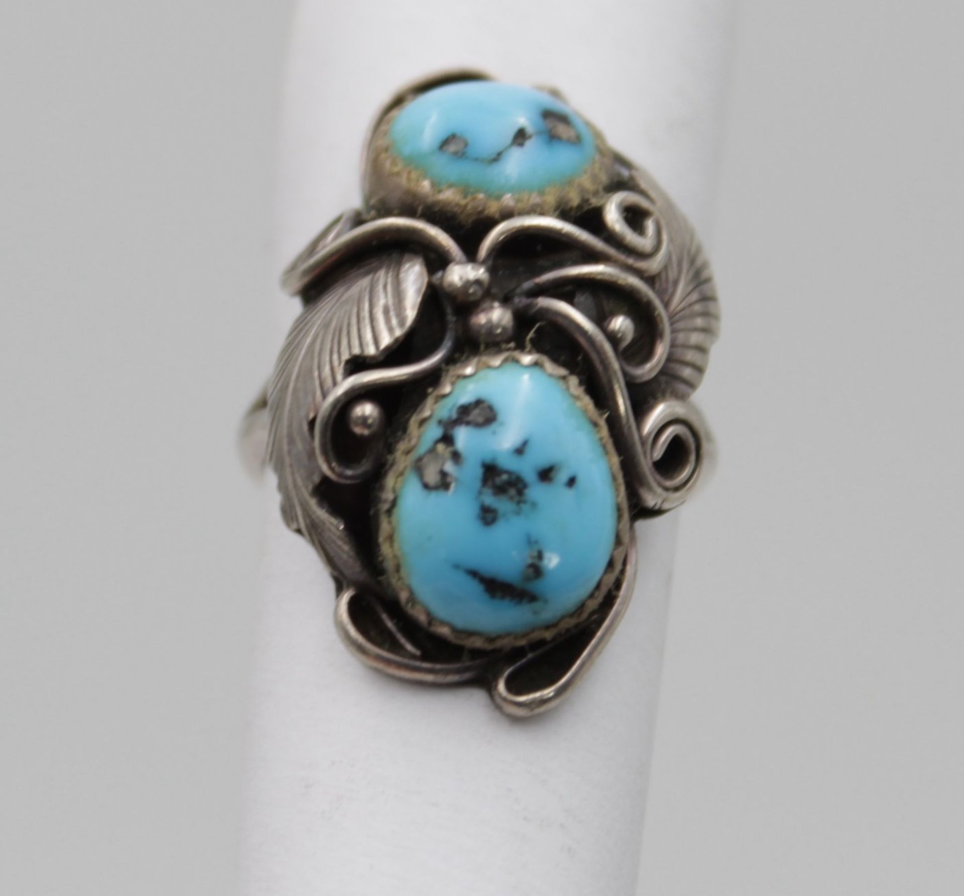 Sterling-Ring, Ethnoschmuck, 2 Türkise, 6,9gr., RG 56