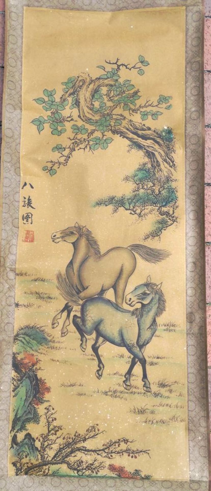 chines. Rollbild, Wildpferde, leichte Altersspuren, 130x37 cm - Image 3 of 5