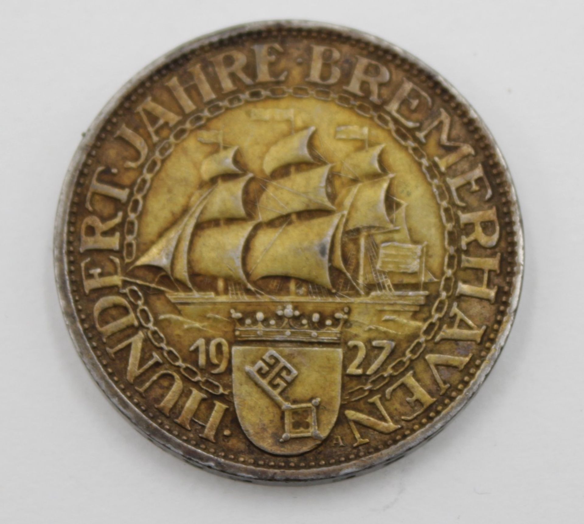 Drei Reichsmark, Deutsches Reich, 1927 A, Hundert Jahre Bremerhaven, 14,9gr., D-3cm, Altersspuren