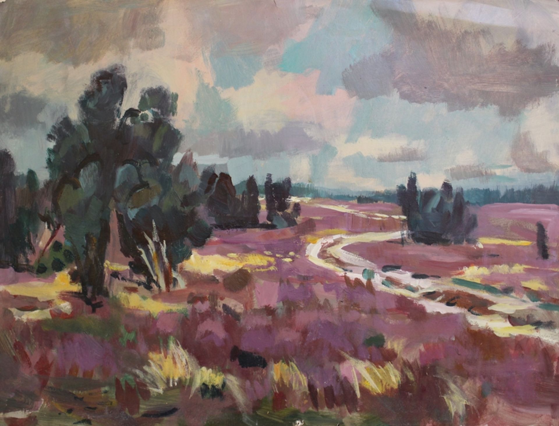 Heide-Landschaft, Eugen SCHULZ (1915-1986), Öl/Papier, verso Nachlassstempel, ungerahmt, 50 x 65cm