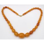 Bernsteinkette, olivenförmige Steine, ein Stein beschädigt, 44,7gr., L-59cm, anbei Zertifikat