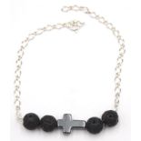 925er Silber-Armband mit Lava und Hämatit-Kreuz, L-20cm