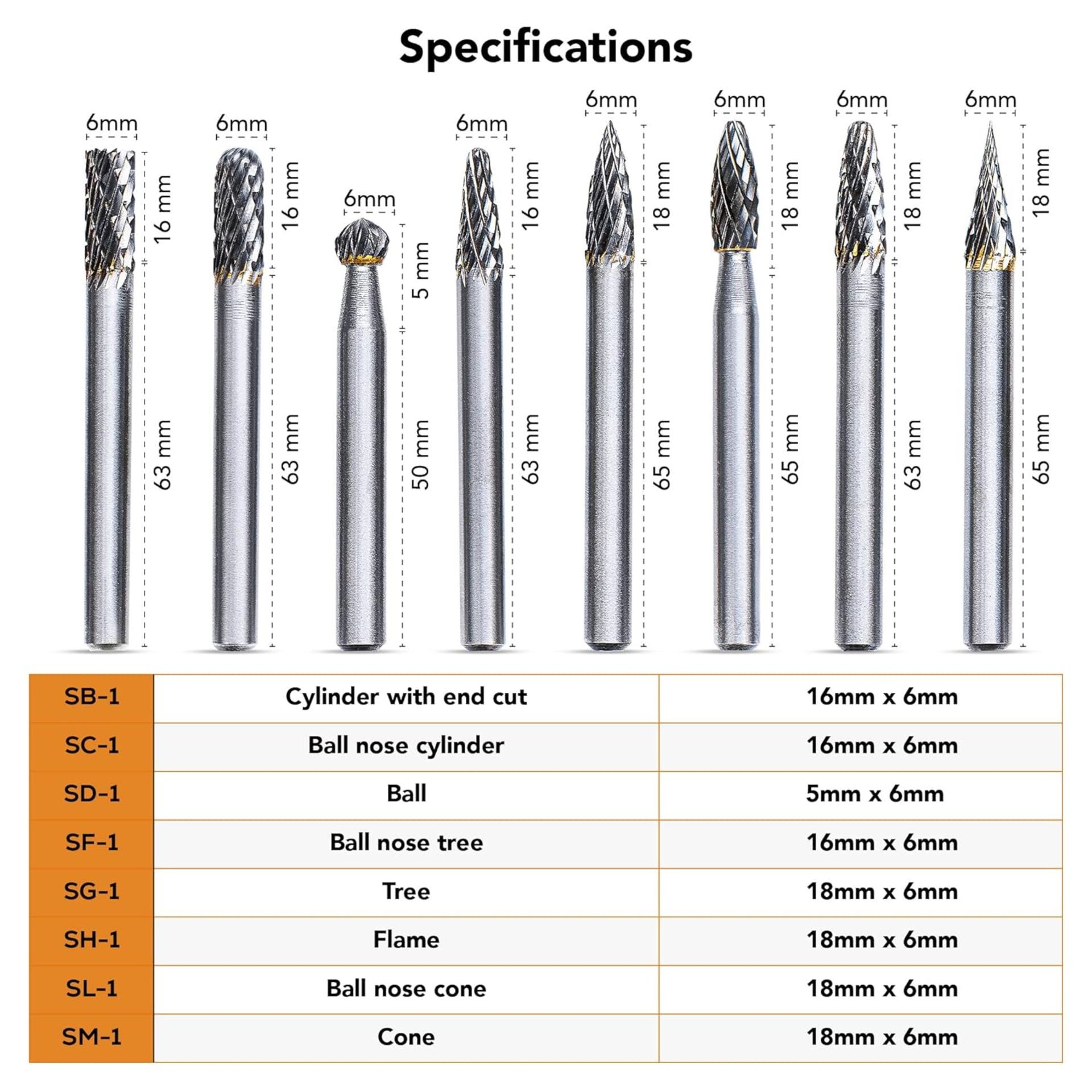 SET - DOUBLE CUT TUNGSTEN CARBIDE BURR SET W/ 1/4" SHANK (8 PCS / SET) (MSRP $59 EA) - Image 2 of 3