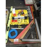 LOT - LASER LEVEL KIT, SQUARES, LEVELS, TAPE MEASURERS, & APPROX. 7' STRAIGHT