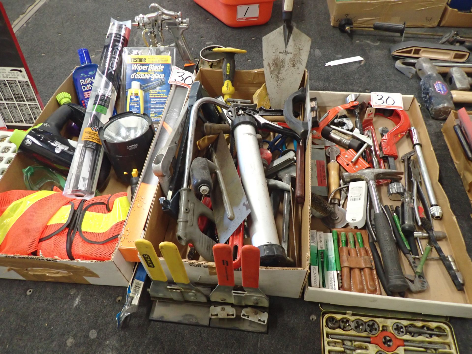 LOT - TROWELS, HAMMERS, STAMPS, ETC