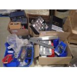 LOT - ASSTD PARTS, HARDWARE, NUTS, BOLTS, ETC C/W PLASTIC PARTS BINS