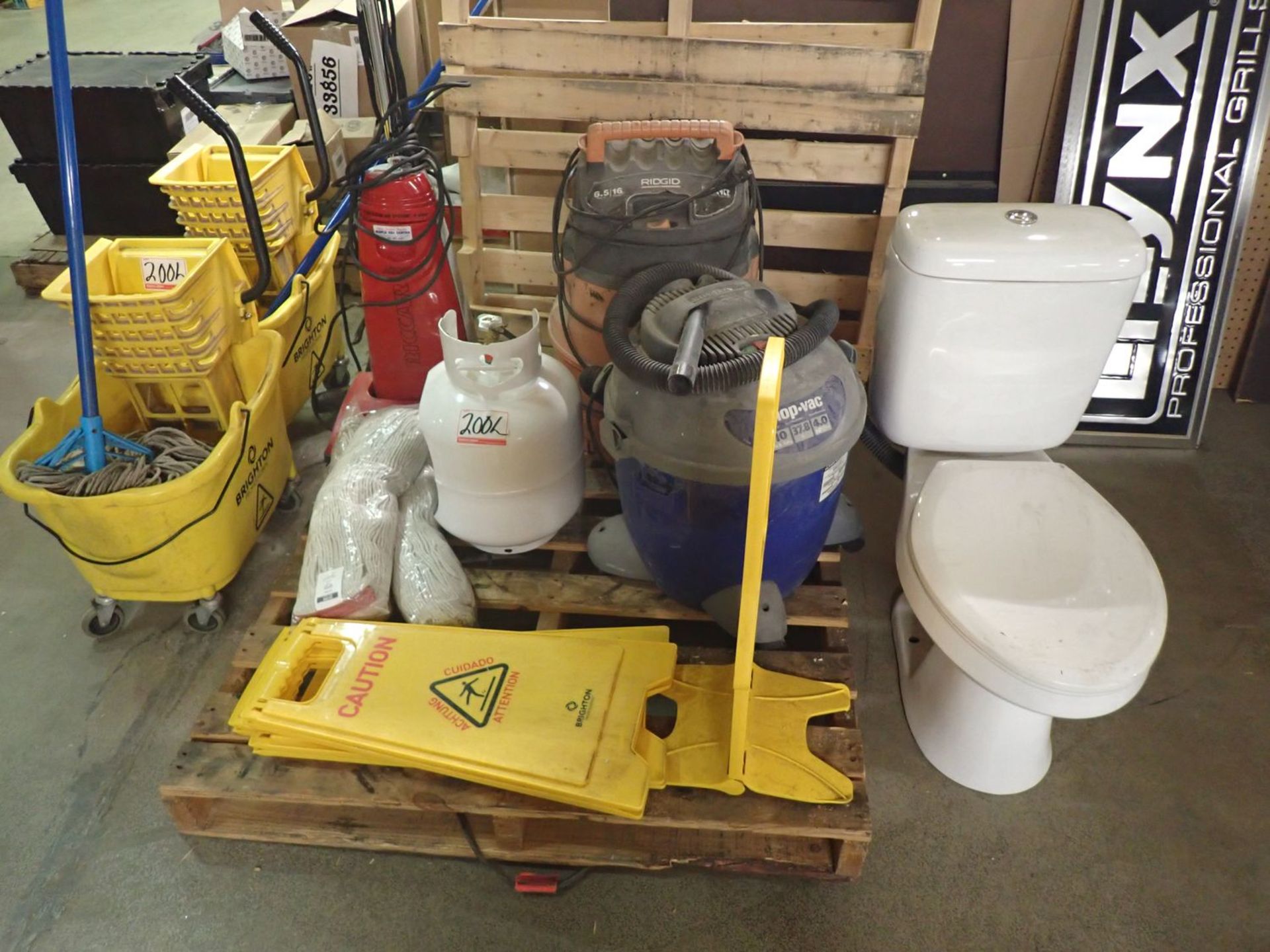 LOT - MOPS & PAILS, VACUMS, SIGNS