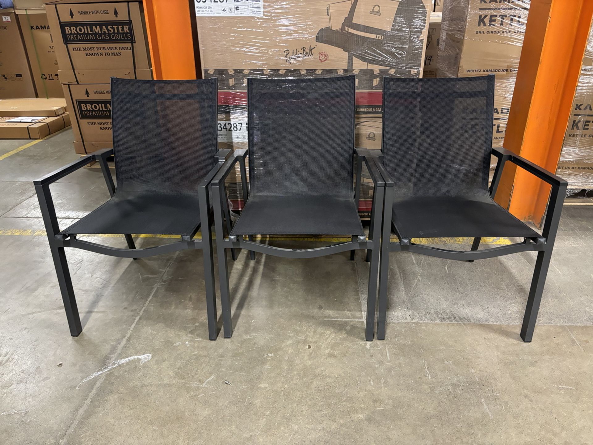 LOT - BLACK PATIO CHAIRS (3 UNITS)(1 CHAIR MISSING WOOD INLAY ON ARM RESTS)