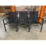 LOT - BLACK PATIO CHAIRS (3 UNITS)(1 CHAIR MISSING WOOD INLAY ON ARM RESTS)