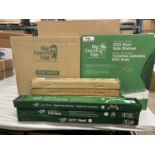 LOT - (2) BIG GREEN EGG MEDIUM NESTS, (3) MEDIAUM TABLES, (1) LARGE TABLE, (2) SETS WOOD SHEVLES, (