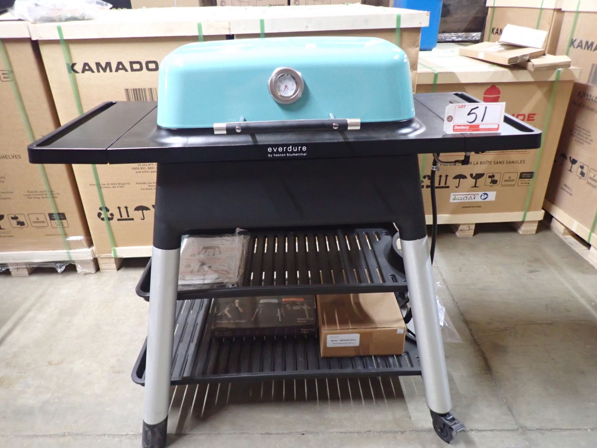 EVERDURE FORCE (HBG2BUS) LT-BLUE 2-BURNER PROPANE BBQ W/ CART (MSRP $ 1,360)