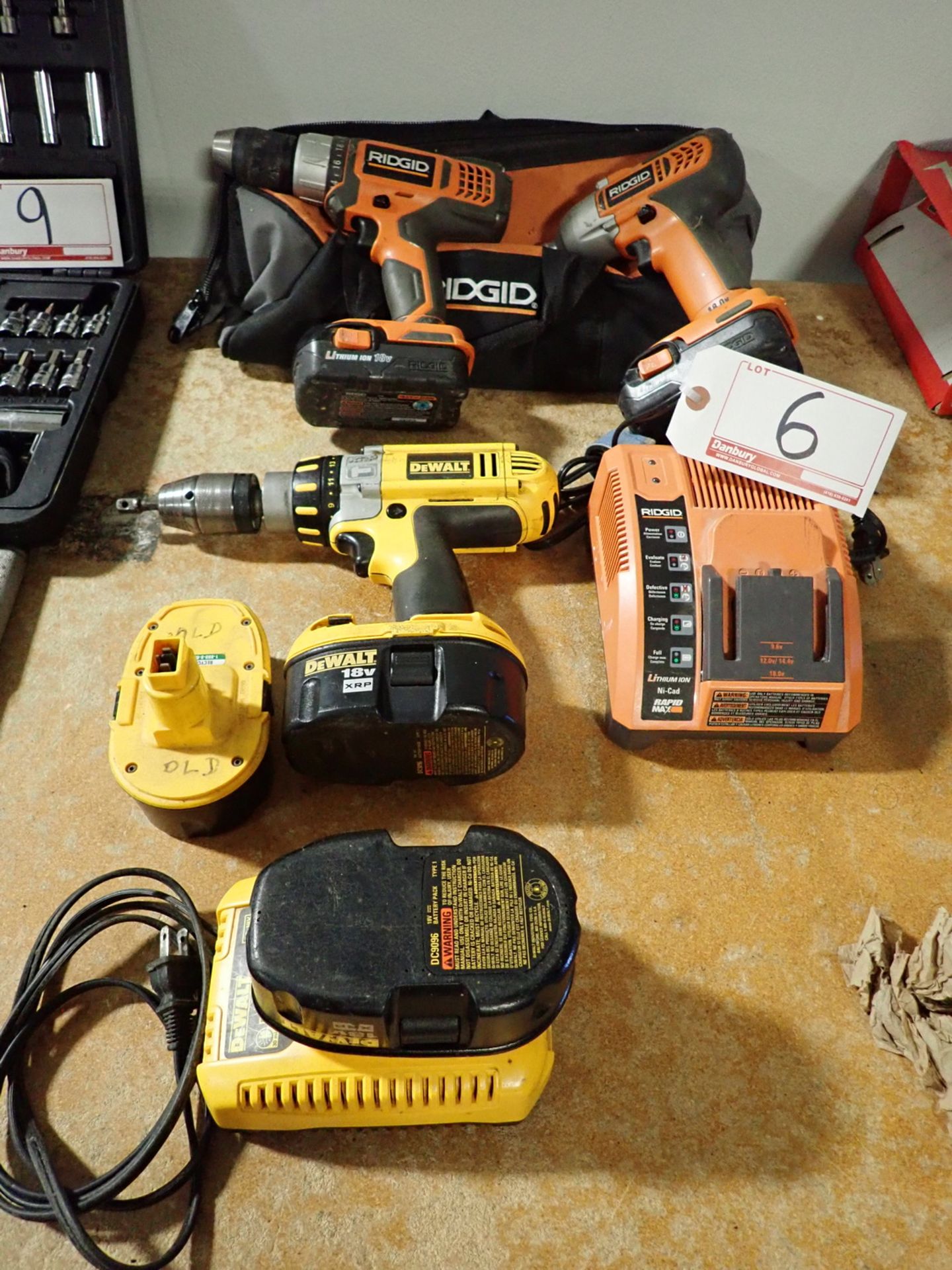 LOT - RIDGID, & DEWALT 18V BATTERY DRILLS W/ CHARGERS & CARRYING CASE